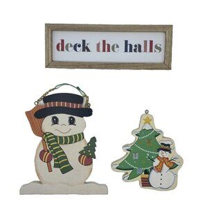 Lot of 3 Christmas Holiday Winter Wooden Decor Hanging Signs 7-10 " Snowman Tree